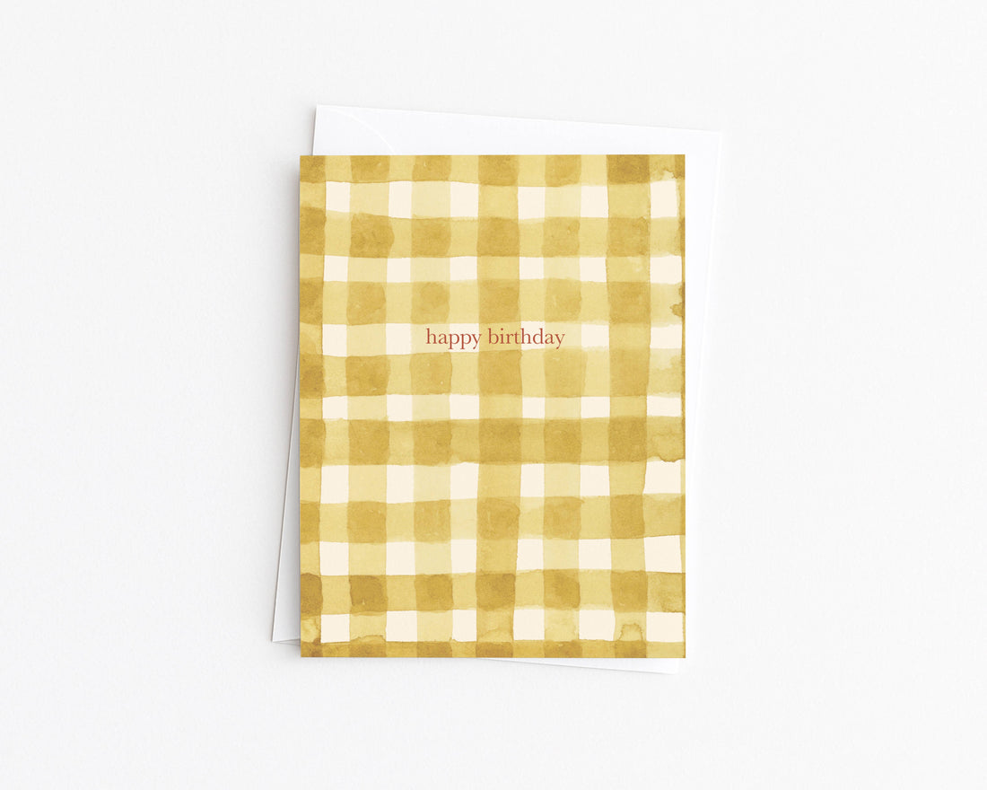 Watercolor Yellow Gingham  Birthday Card