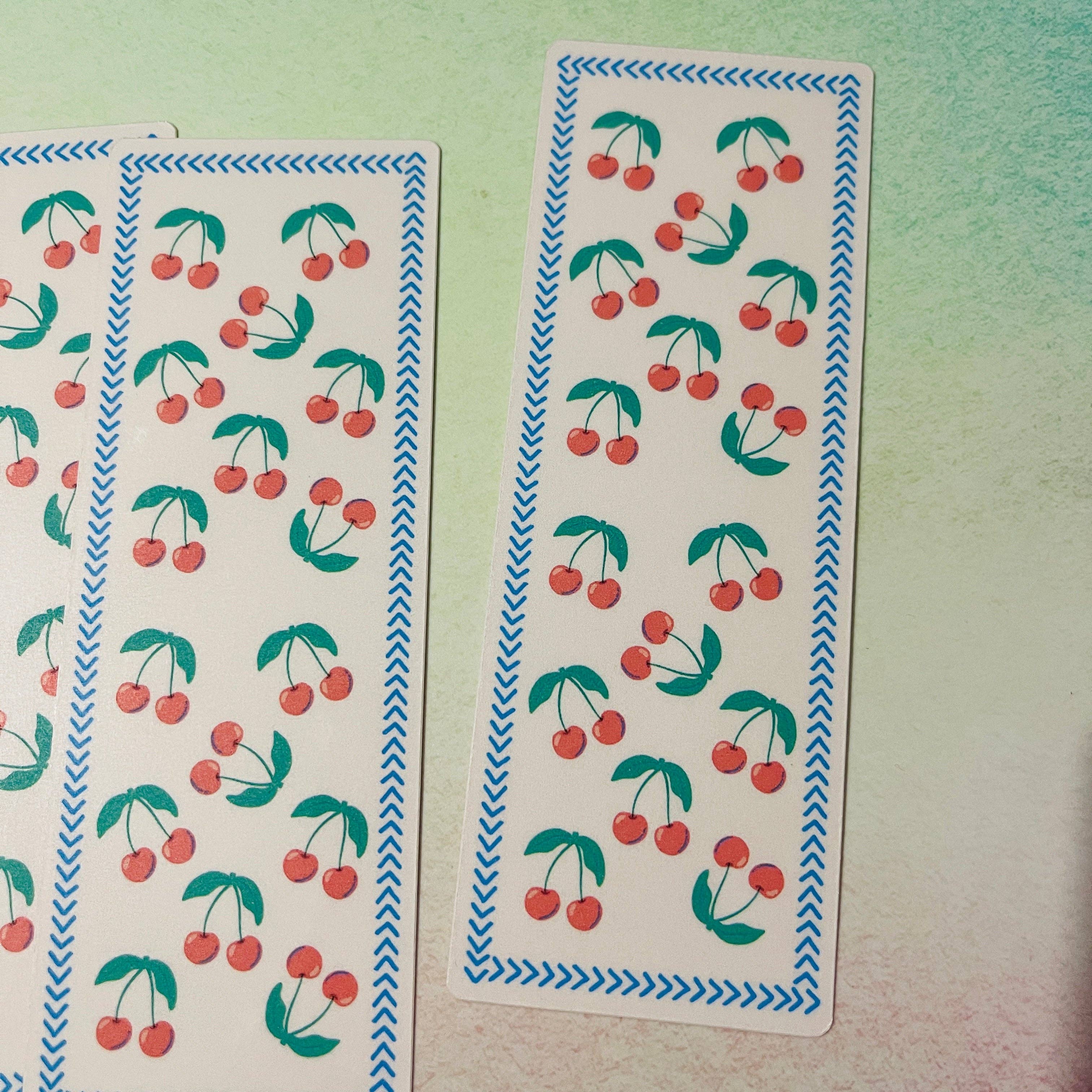 Cherries on Pink with Blue Border Bookmark