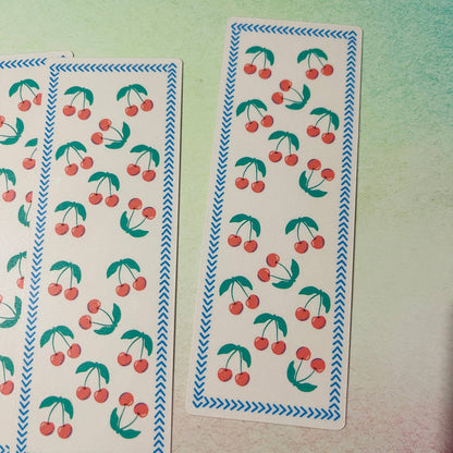 Cherries on Pink with Blue Border Bookmark
