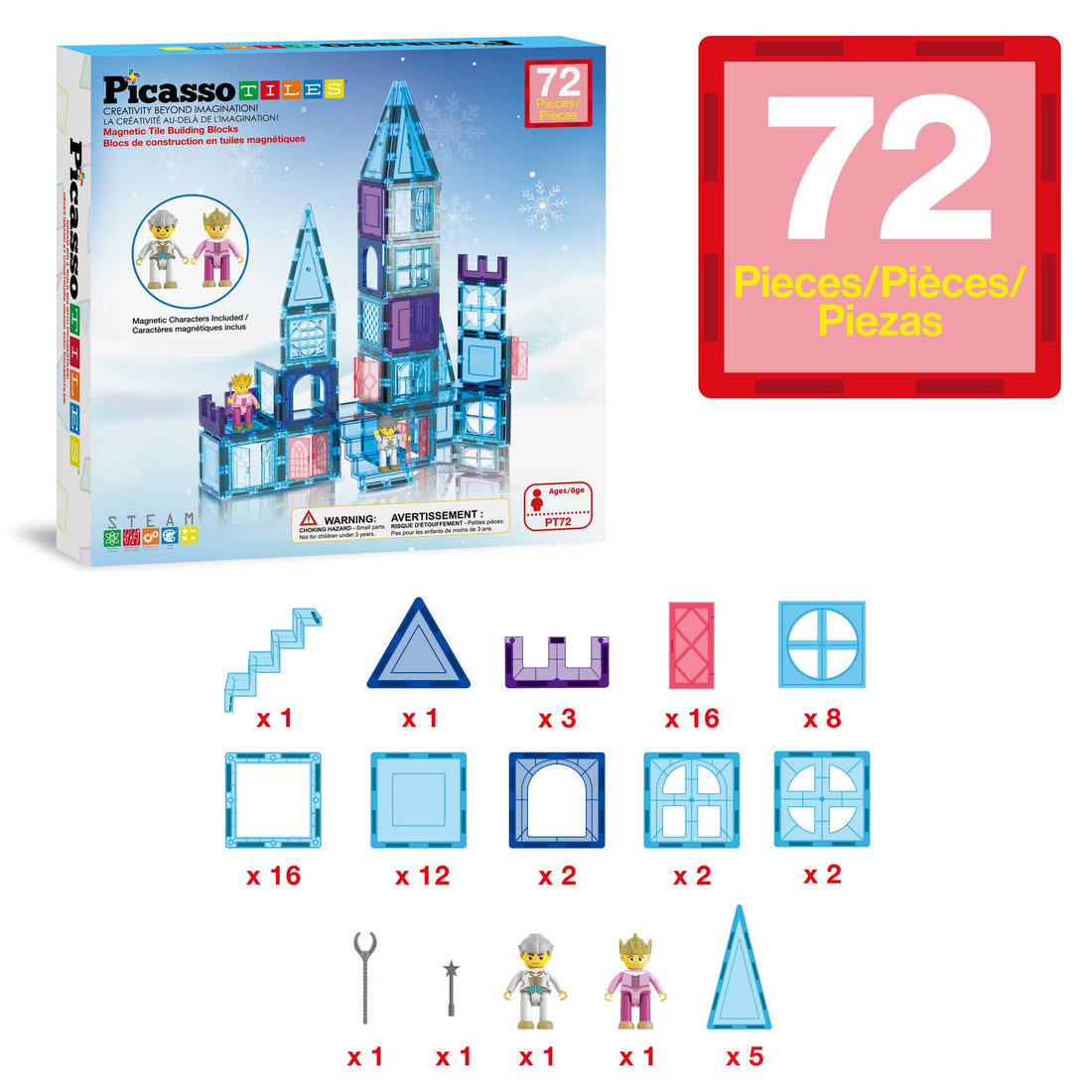 PicassoTiles 72pc Ice Castle Magnetic Tile Building Set