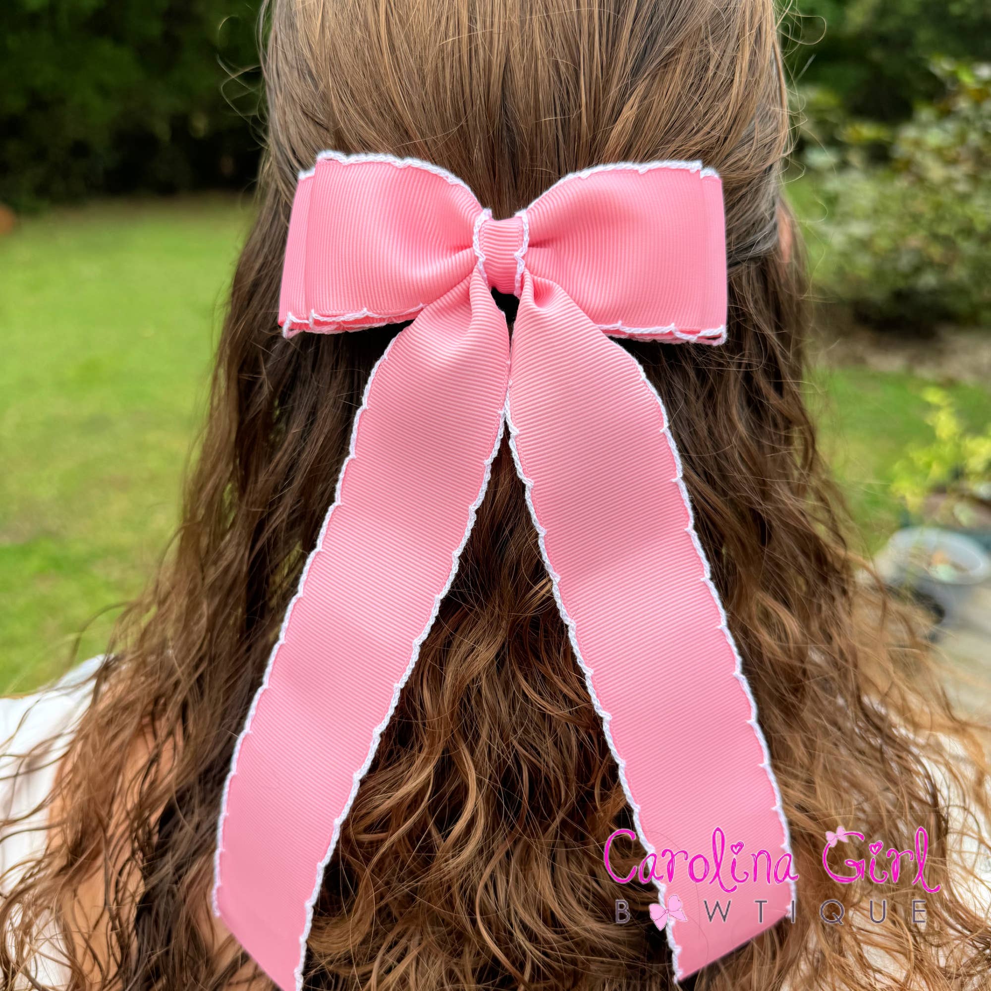 5 in Double Stacked Moonstitch Hair Bow with Long Tails